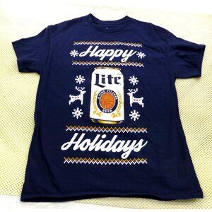 Miller Lite Happy Holidays Ugly Christmas T-Shirt Navy Cotton Size M Licensed Ad